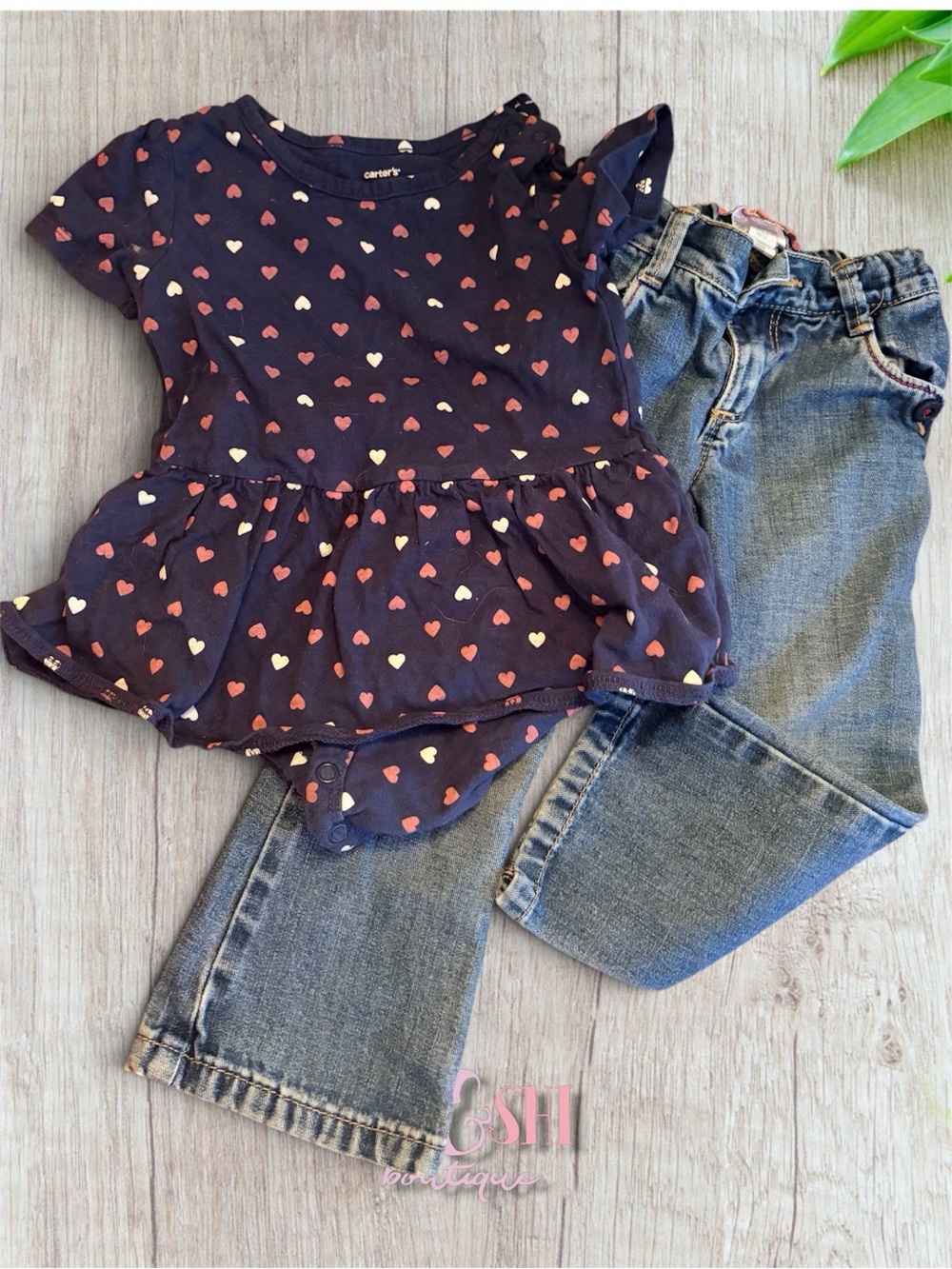 Carter's Navy Peplum Top with Pink & Cream Hearts and Old Navy Boot Cut Jeans 2T